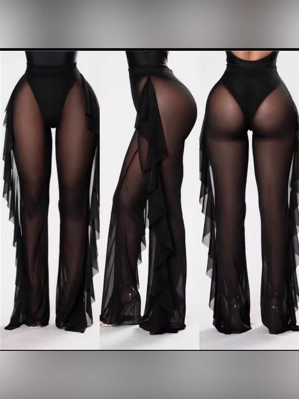 Gothic Rave Chic Sheer Mesh Cascade Ruffle Wide Leg Pants